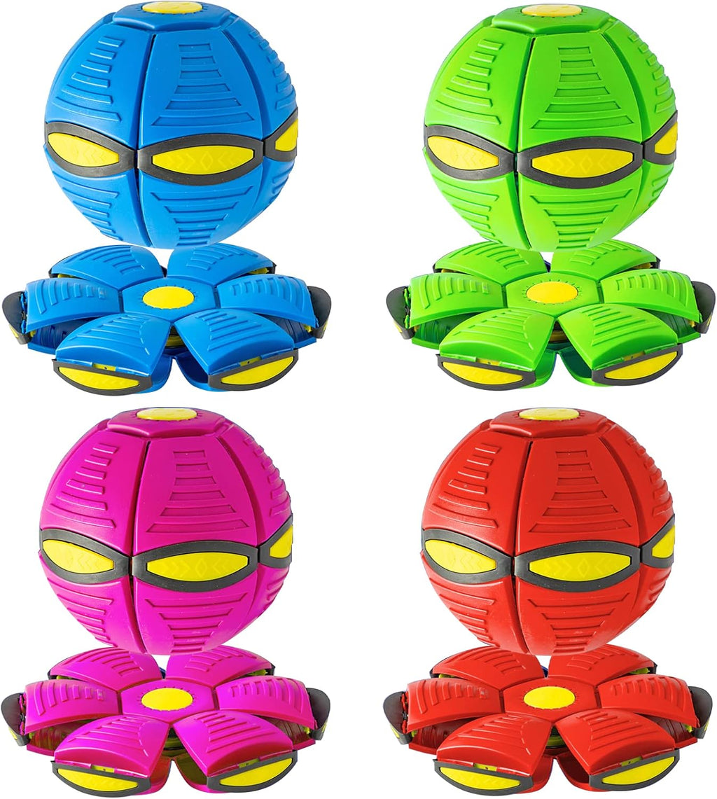 Dog frisbee ball in blue, green, pink and red, shown as a ball and opened out flat