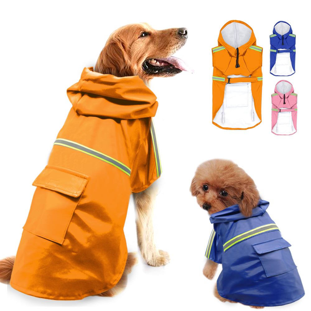 Dogs wearing the orange and navy reflective raincoats