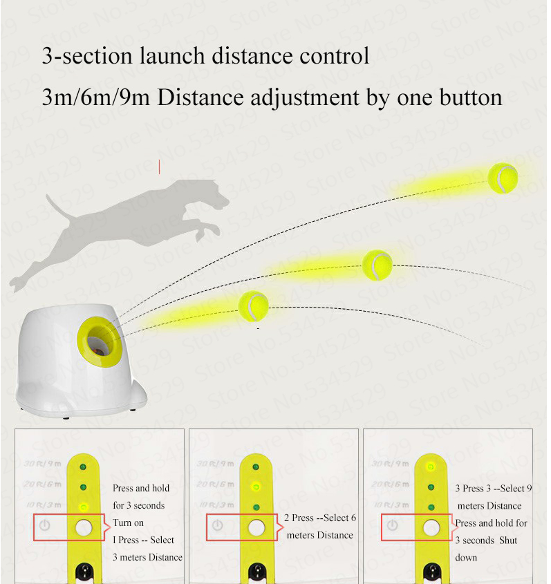 Ball launcher's three distance settings: about 3, 6 and 9 metres