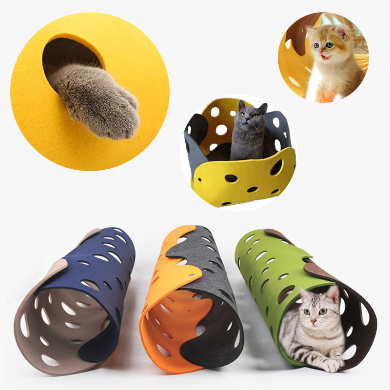 Felt cat tunnel styles with a cat peeking out