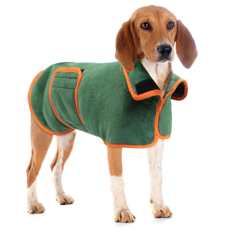 Beagle wearing the green microfibre drying coat