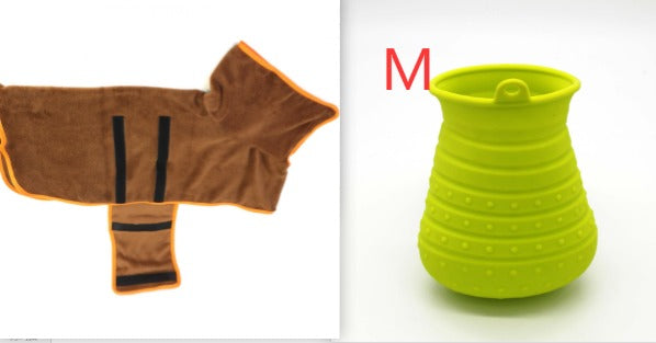 Muddy Paws Kit: brown drying coat with paw cleaner cup
