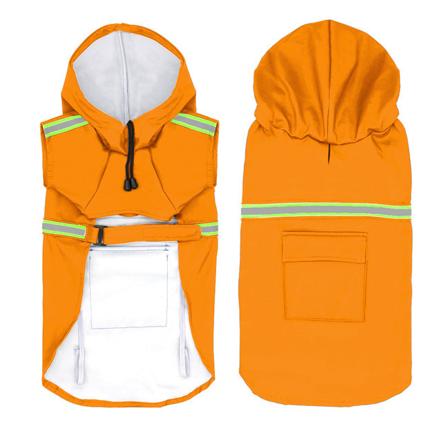 Orange reflective dog raincoat, front and back