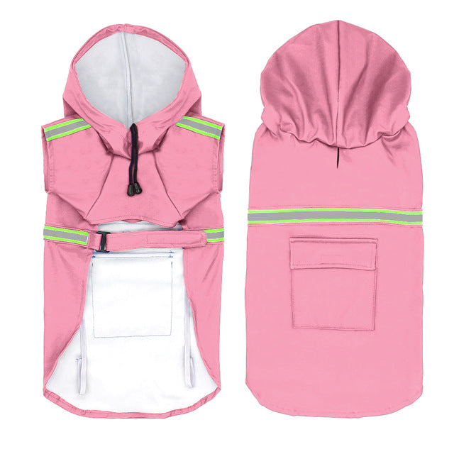 Pink reflective dog raincoat, front and back