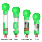 Dog walking water bottle in green, shown alongside other sizes