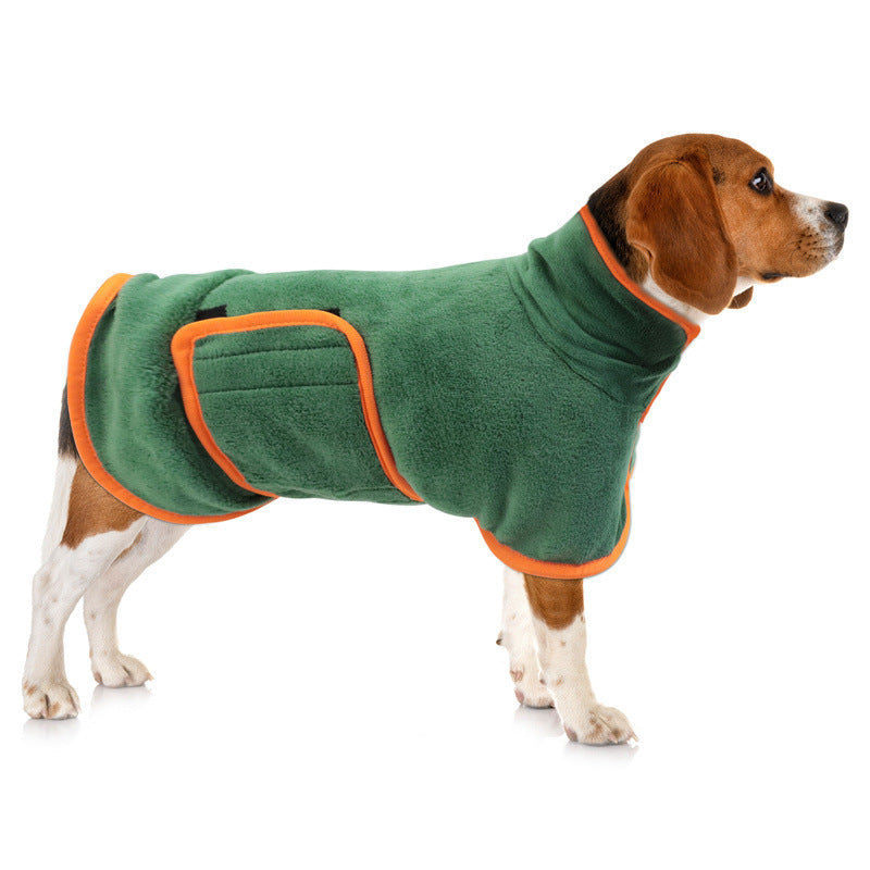 Beagle in the green drying coat, side view