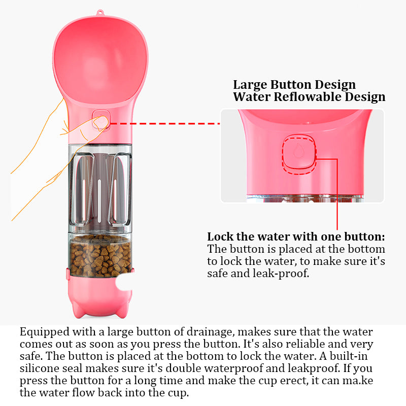 One-button water release and lock on the dog water bottle